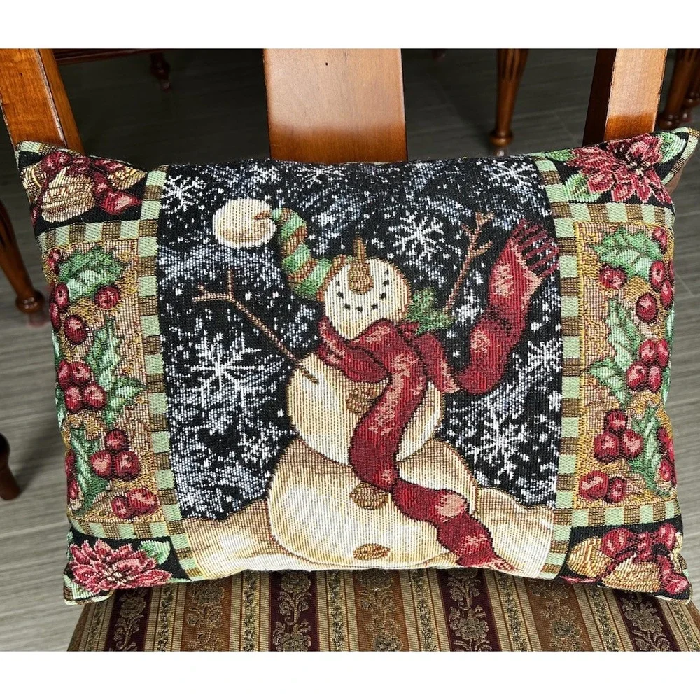Tapestry Throw Lumbar Pillows Snowman Christmas Holly Poinsettia Bells‎ Set Of 2